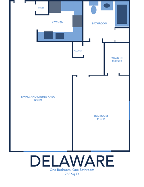1 bed 1 bath Delaware Floor Plan at CenterPointe Apartments and Townhomes in Canandaigua NY